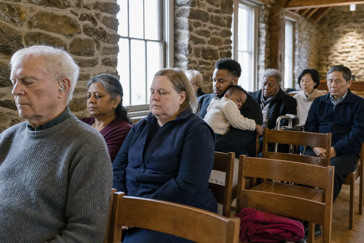 People sit with their eyes closed in rows of wooden chairs in a stone sanctuary, one man holding a sleeping toddler, a red scarf folded on an empty chair.